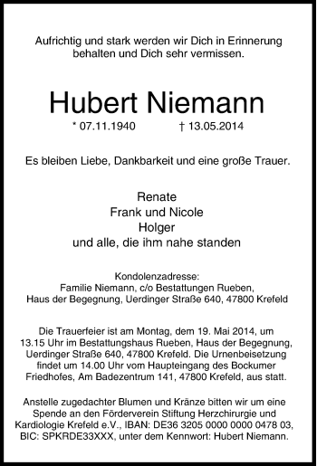 Traueranzeige von Hubert Niemann von Tageszeitung