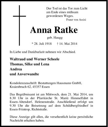 Traueranzeige von Anna Ratke von Tageszeitung
