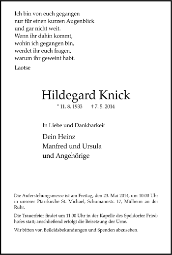 Traueranzeige von Hildegard Knick von Tageszeitung