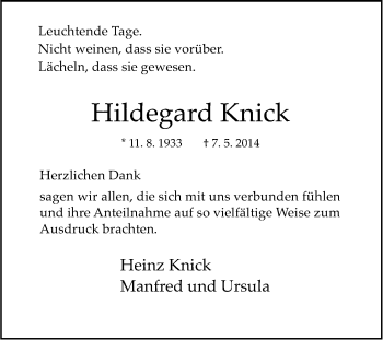 Traueranzeige von Hildegard Knick von Tageszeitung
