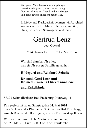 Traueranzeige von Gertrud Lenz von Tageszeitung
