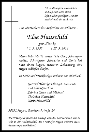 Traueranzeige von Else Hauschild von Tageszeitung