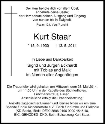 Traueranzeige von Kurt Staar von Tageszeitung