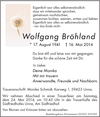 Traueranzeige von Wolfgang Bröhland von Tageszeitung
