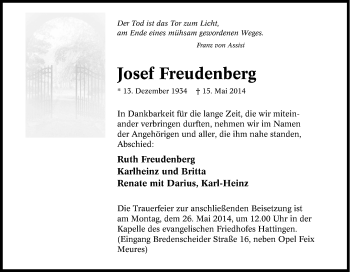 Traueranzeige von Josef Freudenberg von Tageszeitung