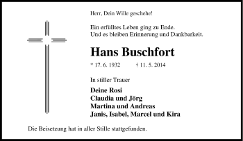 Traueranzeige von Hans Buschfort von Tageszeitung