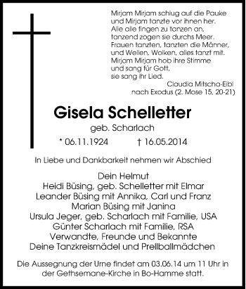 Traueranzeige von Gisela Schelletter von Tageszeitung