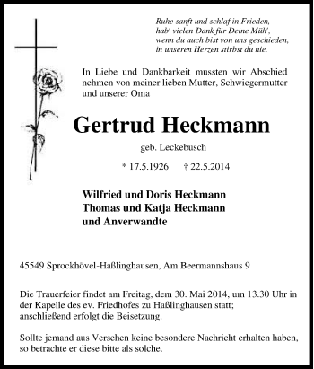 Traueranzeige von Gertrud Heckmann von Tageszeitung
