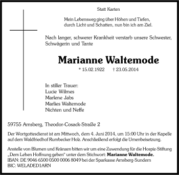 Traueranzeige von Marianne Waltemode von Tageszeitung