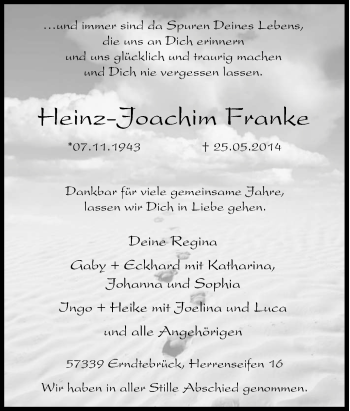 Traueranzeige von Heinz-Joachim Franke von Tageszeitung