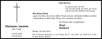 Traueranzeige von Marianne Amstein von Tageszeitung