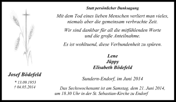 Traueranzeige von Josef Bödefeld von Tageszeitung