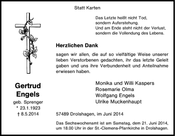Traueranzeige von Gertrud Engels von Tageszeitung