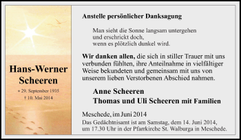 Traueranzeige von Hans-Werner Scheeren von Tageszeitung