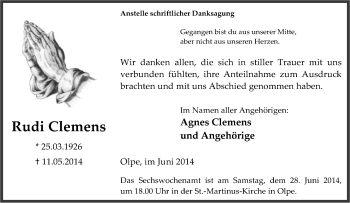 Traueranzeige von Rudi Clemens von Tageszeitung