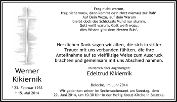 Traueranzeige von Werner Kikiernik von Tageszeitung