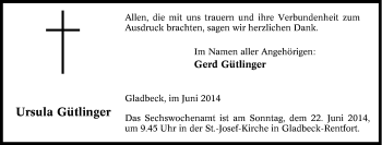 Traueranzeige von Ursula Gütlinger von Tageszeitung