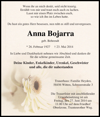 Traueranzeige von Anna Bojarra von Tageszeitung