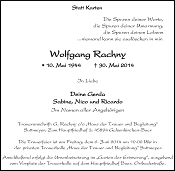 Traueranzeige von Wolfgang Rachny von Tageszeitung