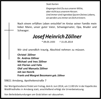 Traueranzeige von Josef Heinrich Zöllner von Tageszeitung