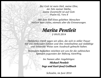Traueranzeige von Marita Pentleit von Tageszeitung