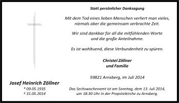 Traueranzeige von Josef Heinrich Zöllner von Tageszeitung