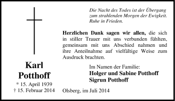 Traueranzeige von Karl Potthoff von Tageszeitung