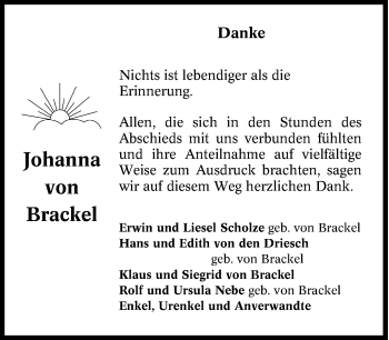 Traueranzeige von Johanna von Brackel von Tageszeitung