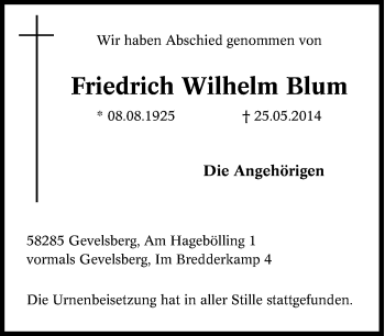 Traueranzeige von Friedrich Wilhelm Blum von Tageszeitung
