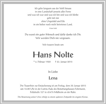 Traueranzeige von Hans Nolte von Tageszeitung