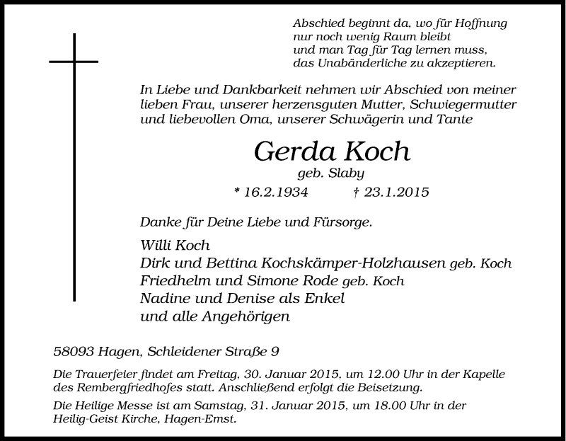  Traueranzeige für Gerda Koch vom 27.01.2015 aus Tageszeitung