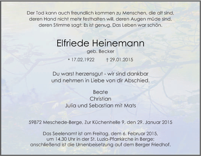 Traueranzeige für Elfriede Heinemann vom 31.01.2015 aus Tageszeitung