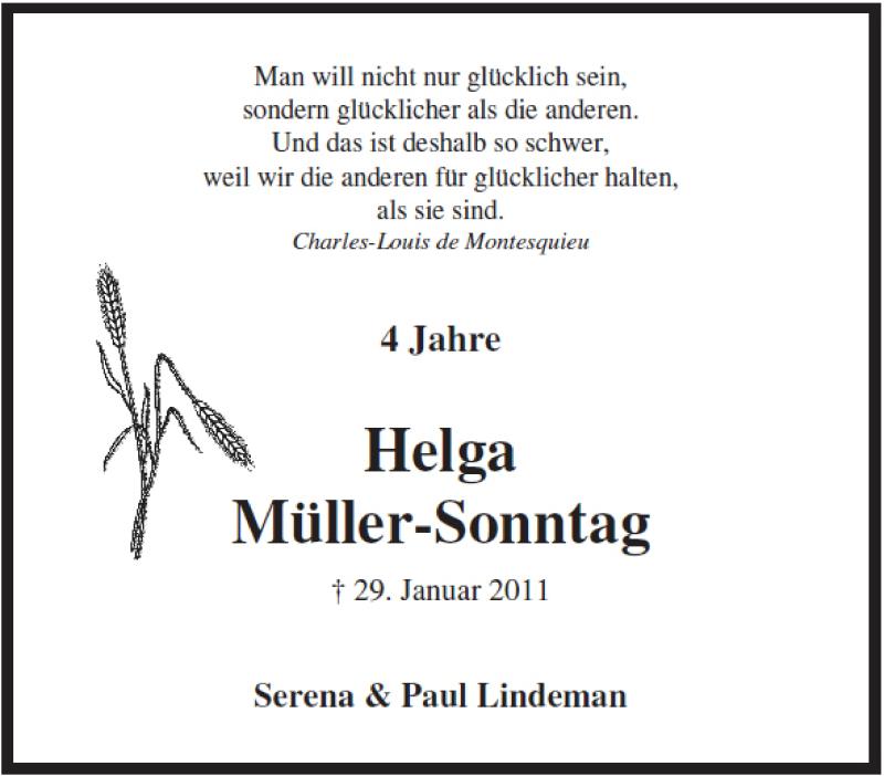  Traueranzeige für Helga Müller-Sonntag vom 24.01.2015 aus Tageszeitung