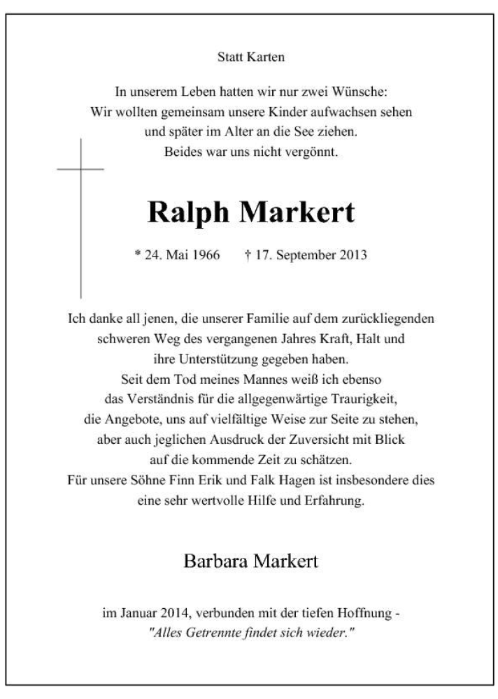  Traueranzeige für Ralph Markert vom 21.09.2015 aus Tageszeitung
