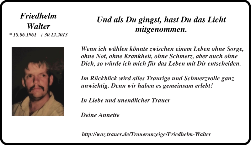  Traueranzeige für Friedhelm Walter vom 30.12.2015 aus Tageszeitung