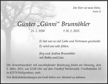 Traueranzeige von Günter Brunnöhler von Tageszeitung