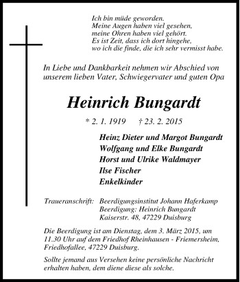 Traueranzeige von Heinrich Bungardt von Tageszeitung