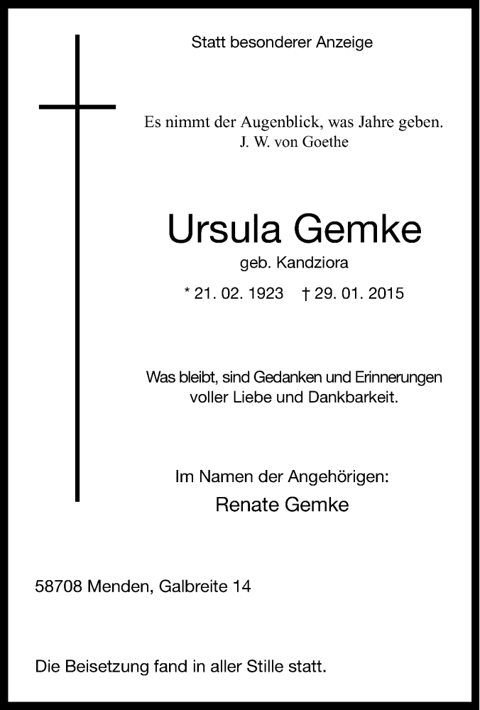  Traueranzeige für Ursula Gemke vom 07.02.2015 aus Tageszeitung