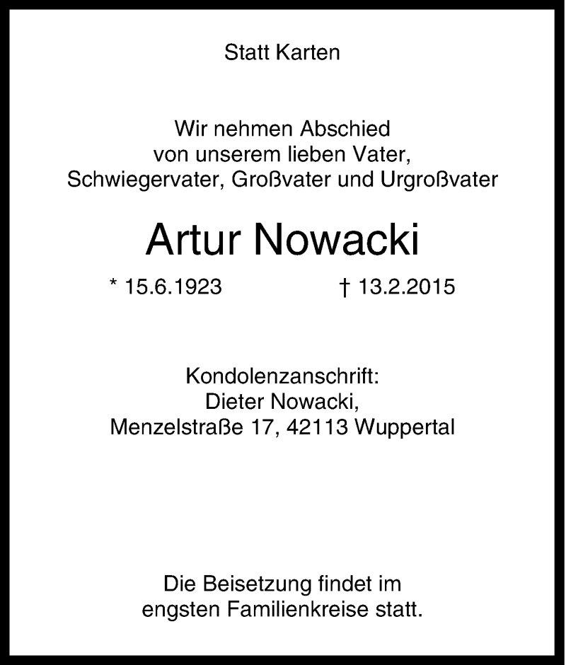  Traueranzeige für Artur Nowacki vom 28.02.2015 aus Tageszeitung
