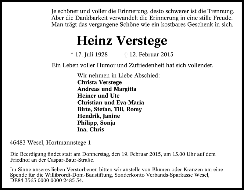  Traueranzeige für Heinz Verstege vom 14.02.2015 aus Tageszeitung