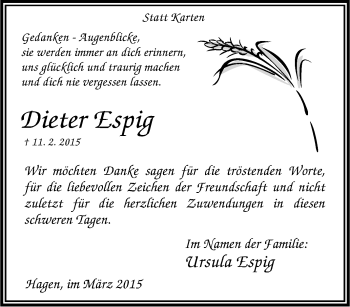 Traueranzeige von Dieter Espig von Tageszeitung
