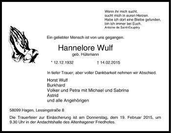 Traueranzeige von Hannelore Wulf von Tageszeitung