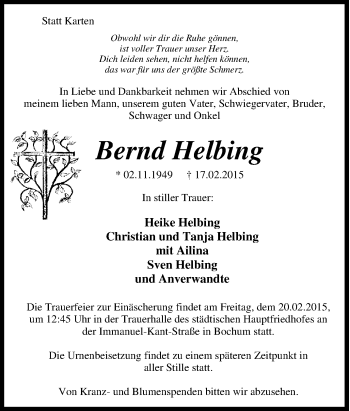 Traueranzeige von Bernd Helbing von Tageszeitung
