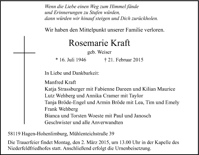  Traueranzeige für Rosemarie Kraft vom 26.02.2015 aus Tageszeitung