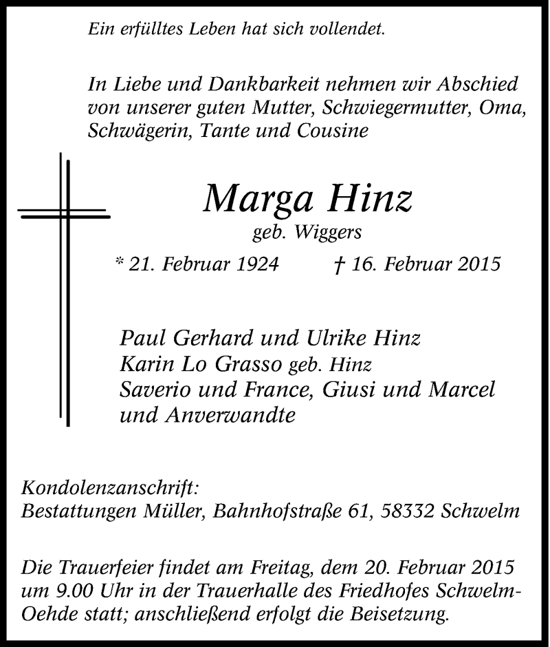  Traueranzeige für Marga Hinz vom 18.02.2015 aus Tageszeitung