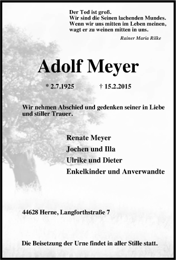 Traueranzeige von Adolf Meyer von Tageszeitung