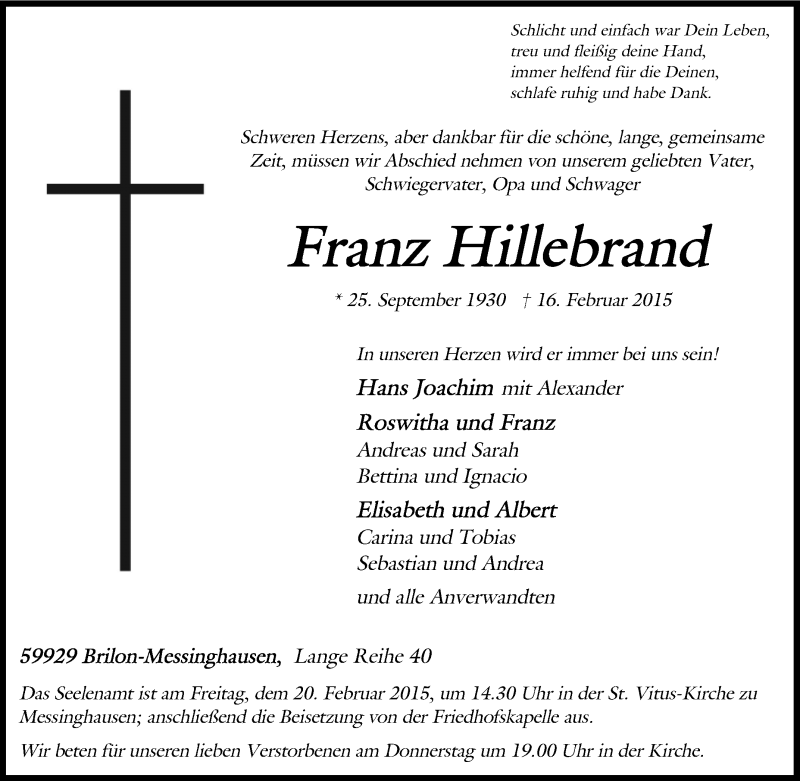  Traueranzeige für Franz Hillebrand vom 18.02.2015 aus Tageszeitung