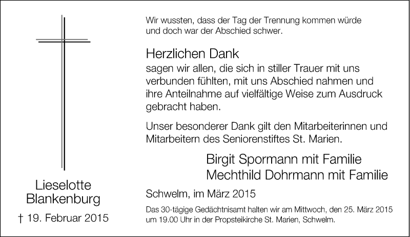  Traueranzeige für Lieselotte Blankenburg vom 21.02.2015 aus Tageszeitung