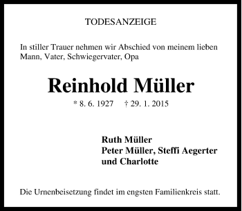 Traueranzeige von Reinhold Müller von Tageszeitung