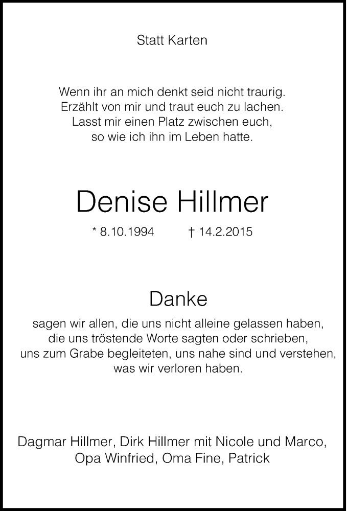  Traueranzeige für Denise Hillmer vom 21.02.2015 aus Tageszeitung